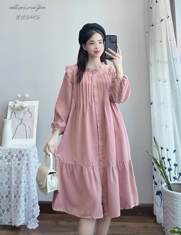 Váy Bầu Nhung Tăm, Váy Thu Đông, Cổ Đức