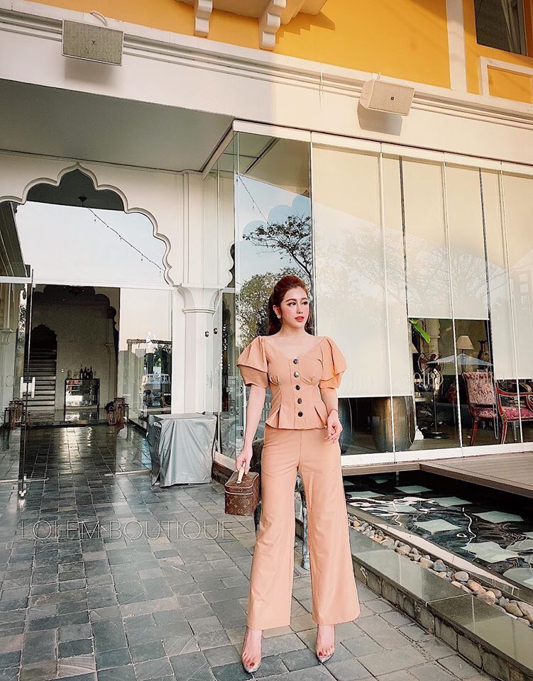 Sét bộ nữ áo tay phồng đính nút quần dài