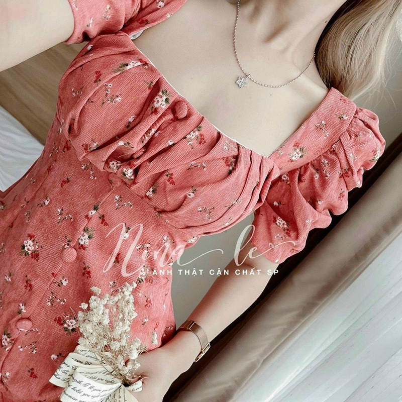 Đầm Lụa Hoa Công Sở Xếp Ly Ngực - Thời Trang Hoa Anh Đào
