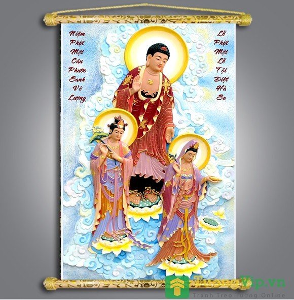 Tranh liễn phật giáo - vải canvas cao cấp - tây phương tam thánh tiếp dẫn