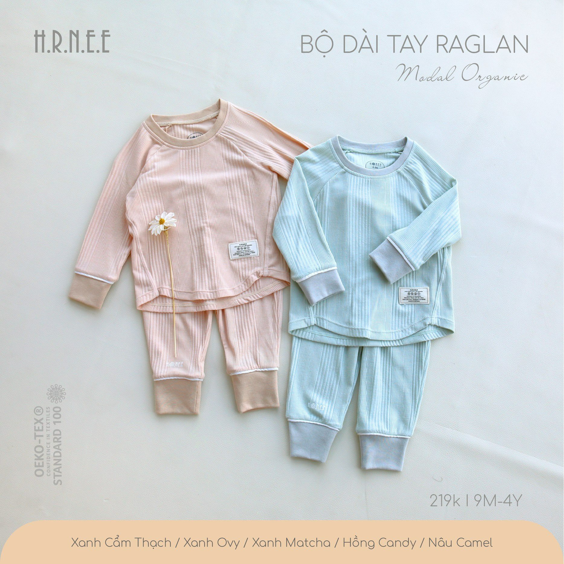 Bộ dài tay Modal Organic Hrnee cho bé 9m - 4Y