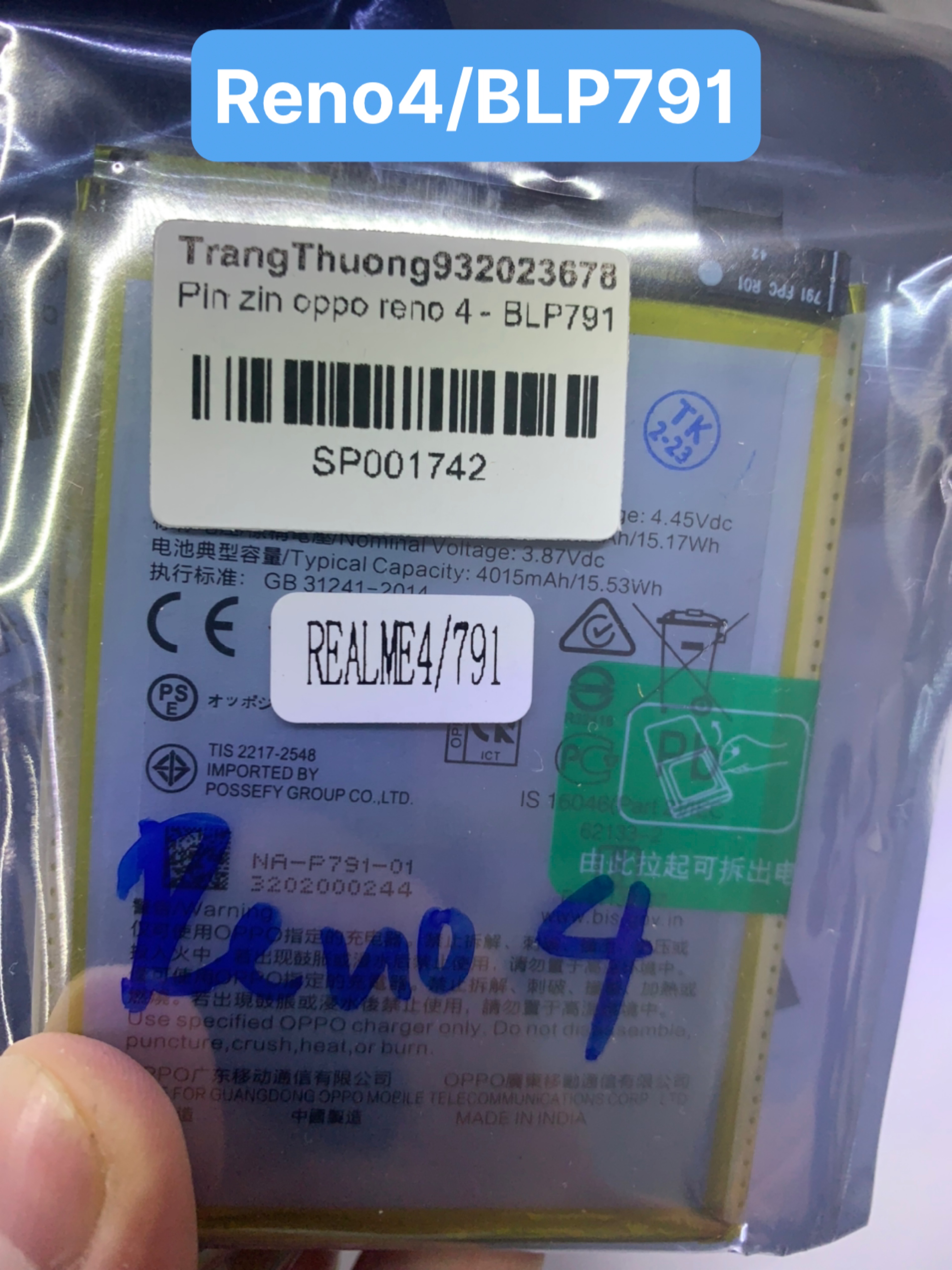 Pin điện thoại oppo Reno 4 - Reno 4Z - Reno 4 Lite-F17-F17 PRO - A92S - A93 - BLP791