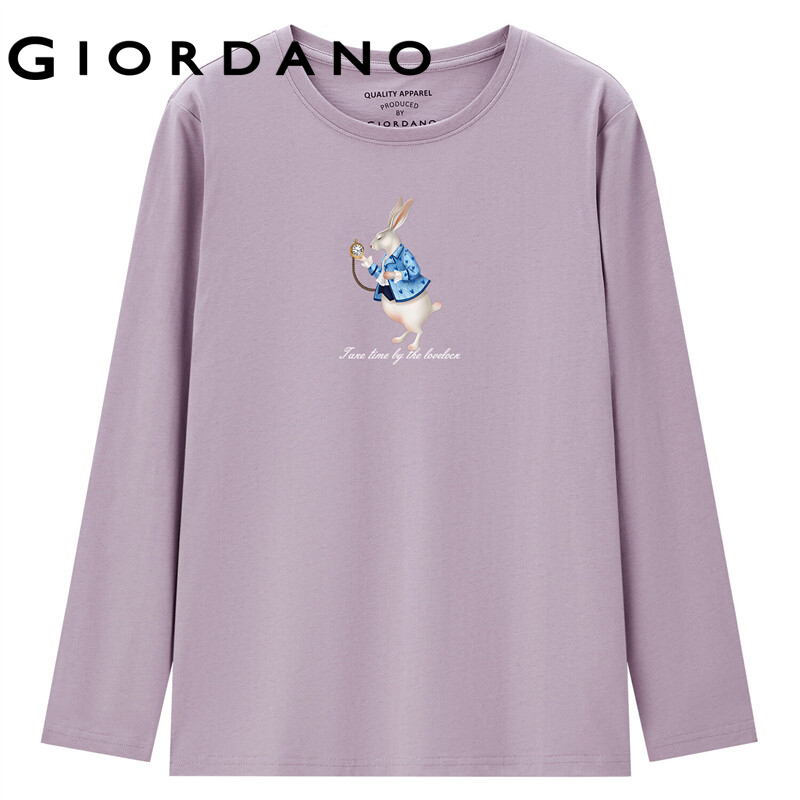 Áo thun nữ T-shirt cổ tròn tay áo dài phối hình thời trang chất vải cotton thoải mái thường ngày GIORDANO Free Shipping 99392103