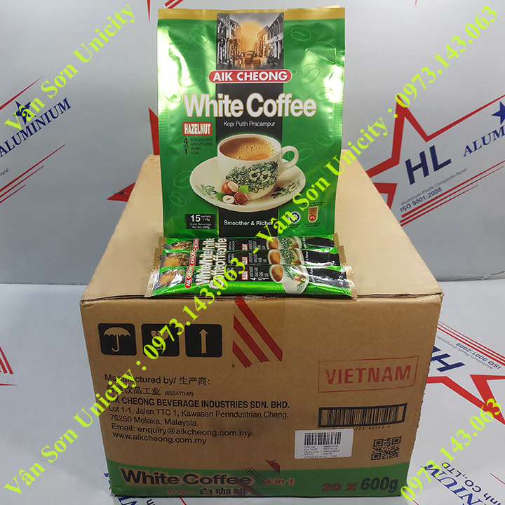 Thùng Cà phê trắng vị Hạt Phỉ (Hazelnut) Aik Cheong 20 bịch 600g (15 gói dài x 40g)