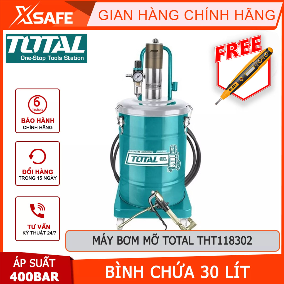 Máy bơm mỡ khí nén total tht118302 máy bơm dầu mỡ dung tích 30l thùng rỗng: 330*430mm áp suất 400 bar lượng thổi 850g/p chiều dài ống 440mm/17.5 inch bôi trơn, làm sạch động cơ, chống bào mòn, giảm ma sát