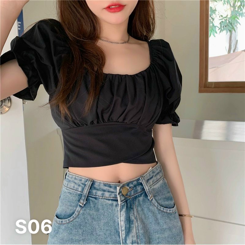 Áo tay ngắn bo viền phối kiểu nơ lưng xinh xắn chất liệu voan lụa S06