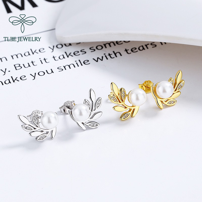 Khuyên tai bạc nữ TLEE Lá Oliu nạm đá ôm ngọc trai nhân tạo sang trọng TleeJewelry B0111