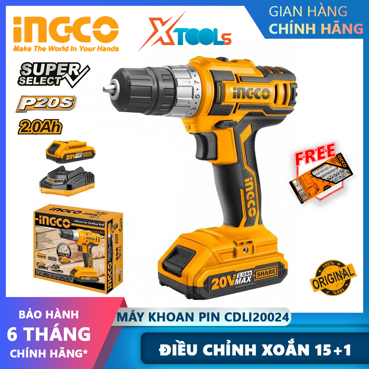 Máy khoan cầm tay dùng pin 20V INGCO máy khoan búa, khoan vặn vít 3 chức năng, kèm 2 pin sạc, tặng mũi khoan vặn vít, mũi khoan 0.8-10mm