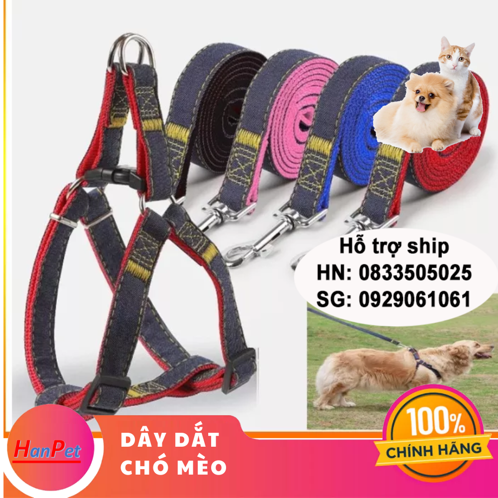 Hanpet - Dây dắt chó vải bò / vải Jean (3 màu 4 size) Xích chó / xích mèo / dây dắt thú cưng