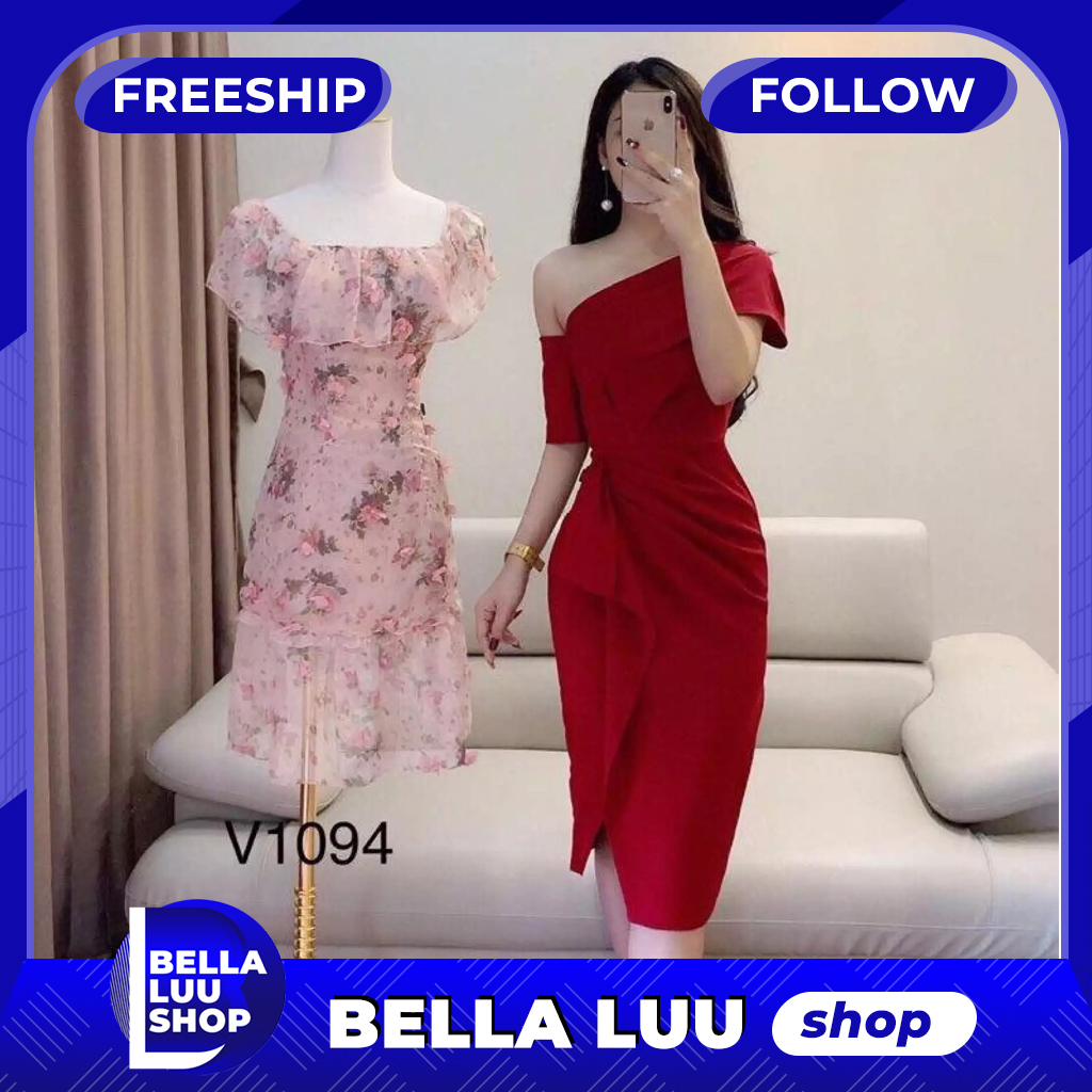 Đầm Nữ ( Váy Nữ ) Dự Tiệc Lệch Vai Xếp Bèo Thời Trang Bella