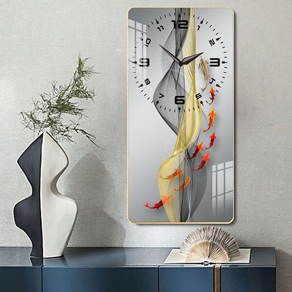 Tranh đồng hồ tráng gương cửu ngư quần hội tặng kèm pin và đinh TDH119