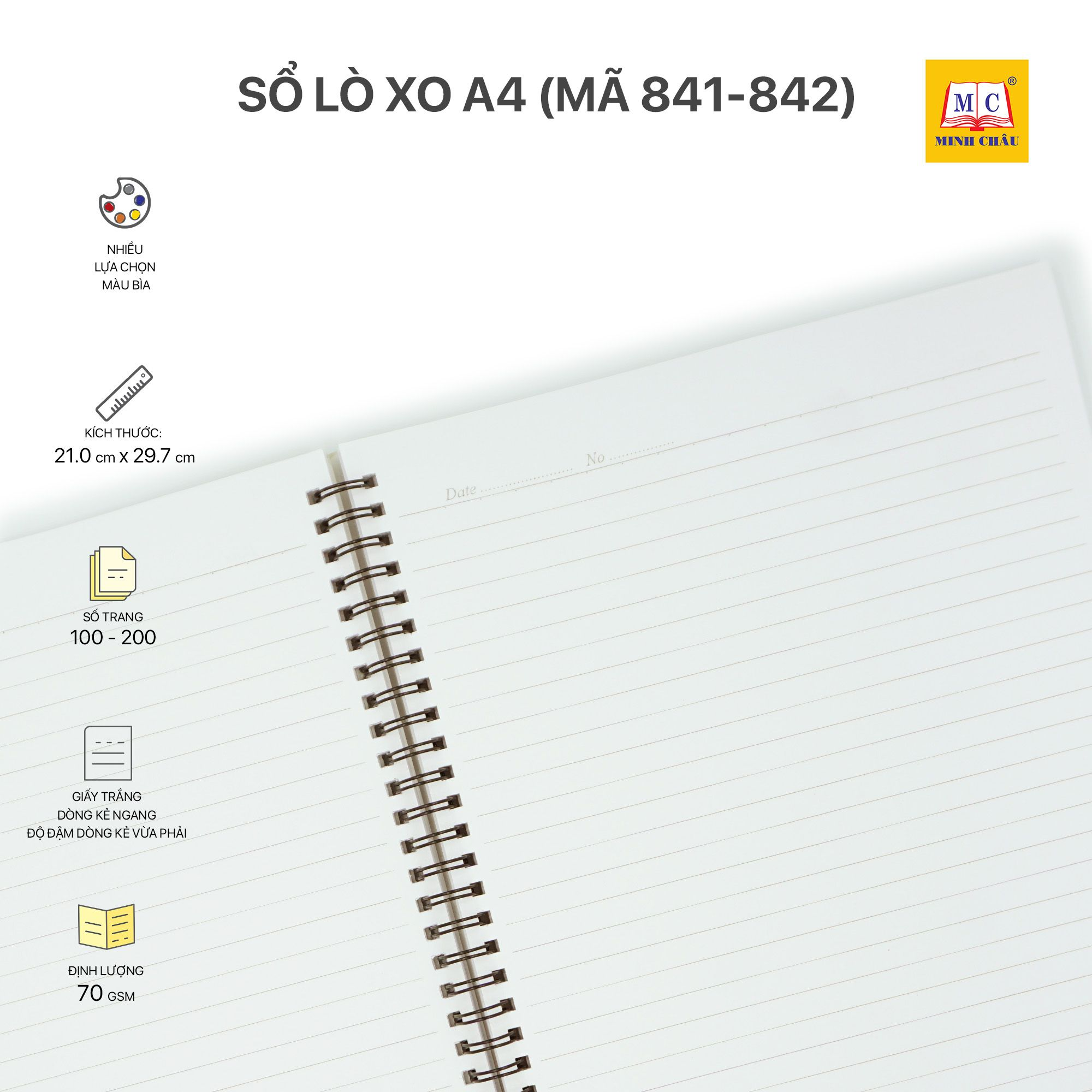Sổ Lò Xo A4 Minh Châu - ĐL 70mgs Dòng kẻ ngang, giấy trắng mịn - MC841/842
