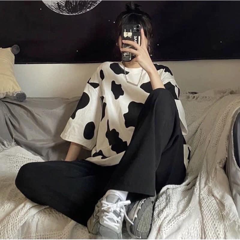 SET QUẦN SUÔNG IRU ĐEN + TSHIRT BÒ SỮA