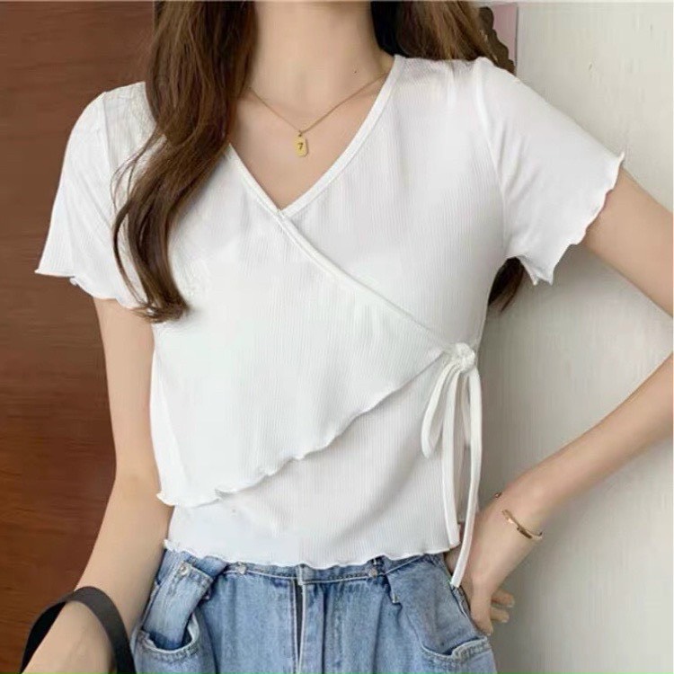 áo kiểu cổ v đắp chéo cột thun gân mềm