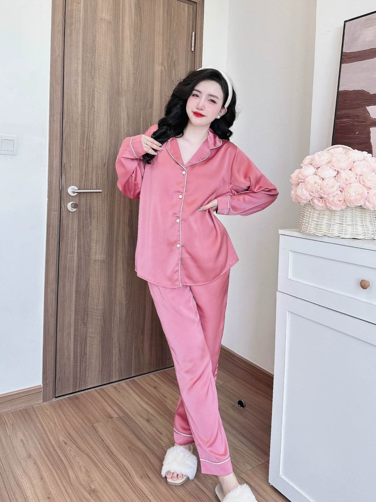 Bộ đồ ngủ pijama nữ bigsize dài lụa màu trơn cao cấp chất lụa ngọc trai mềm mịn