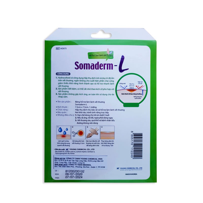 Miếng Dán Mụn Vết Thương Somaderm-L Kích Thước (1 miếng - kích thước 7.5 cm x 7.5 cm)