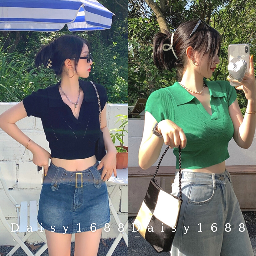 Áo Len Cộc Tay Cổ Chữ V Co Dãn Cho Nữ