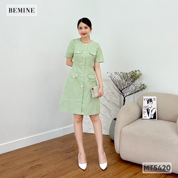 Đầm cổ tròn phối túi BEMINE MT5420XANH