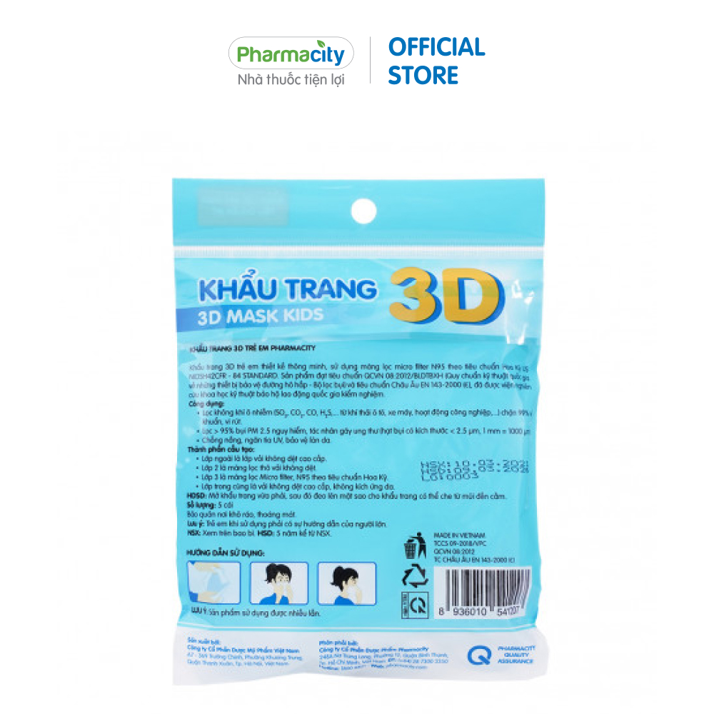 Khẩu trang 3D trẻ em Pharmacity (Gói 5 cái)