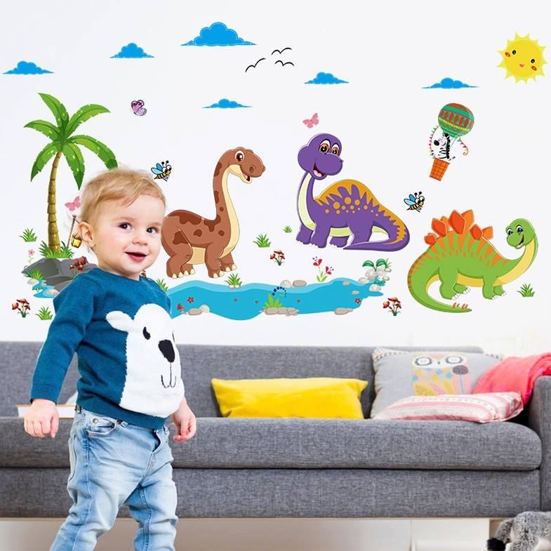 Decal dán tường khủng long và voi phun nước
