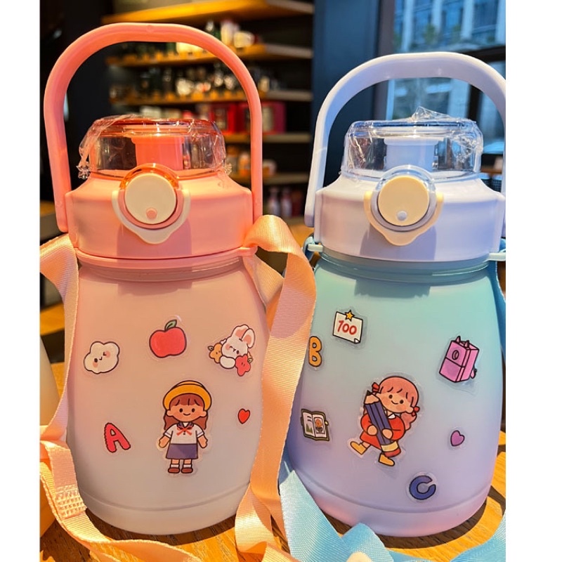 Bình Nhựa 2 Màu 1000ML + Dây Đeo + Ticker
