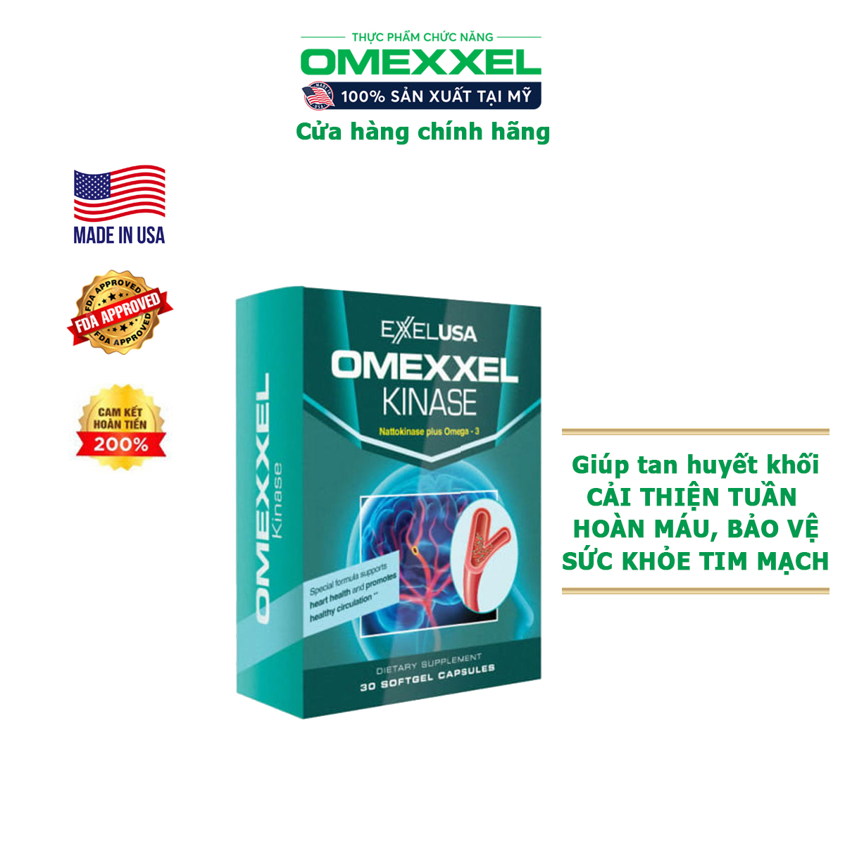 Viên uống tan huyết khối, cải thiện tuần hoàn máu Omexxel Kinase - Chính hãng Mỹ (Hộp 30 viên)