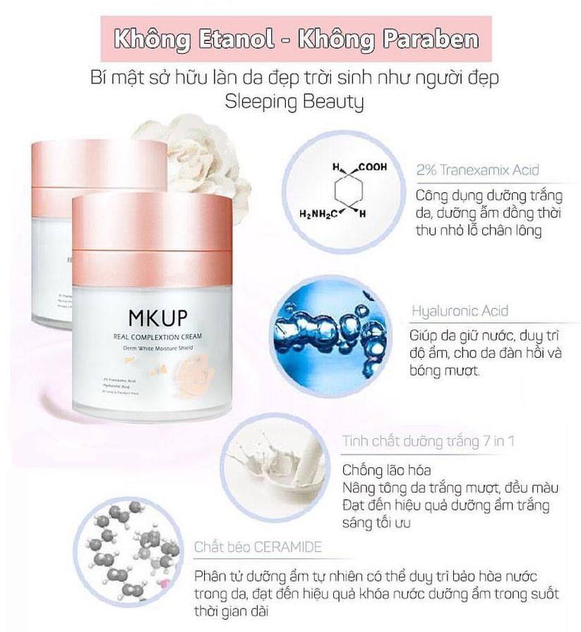 Kem lười MKUP dưỡng ẩm trắng da Real complexion Cream