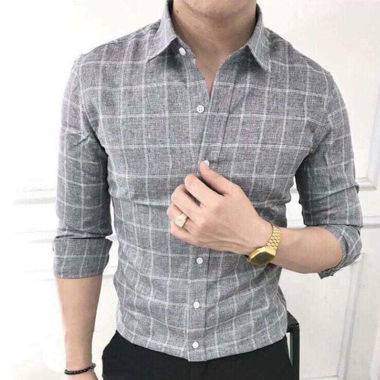 Áo Sơ Mi Xám Kẻ Ca Rô Cao Cấp Phom Chuẩn Vải Mềm