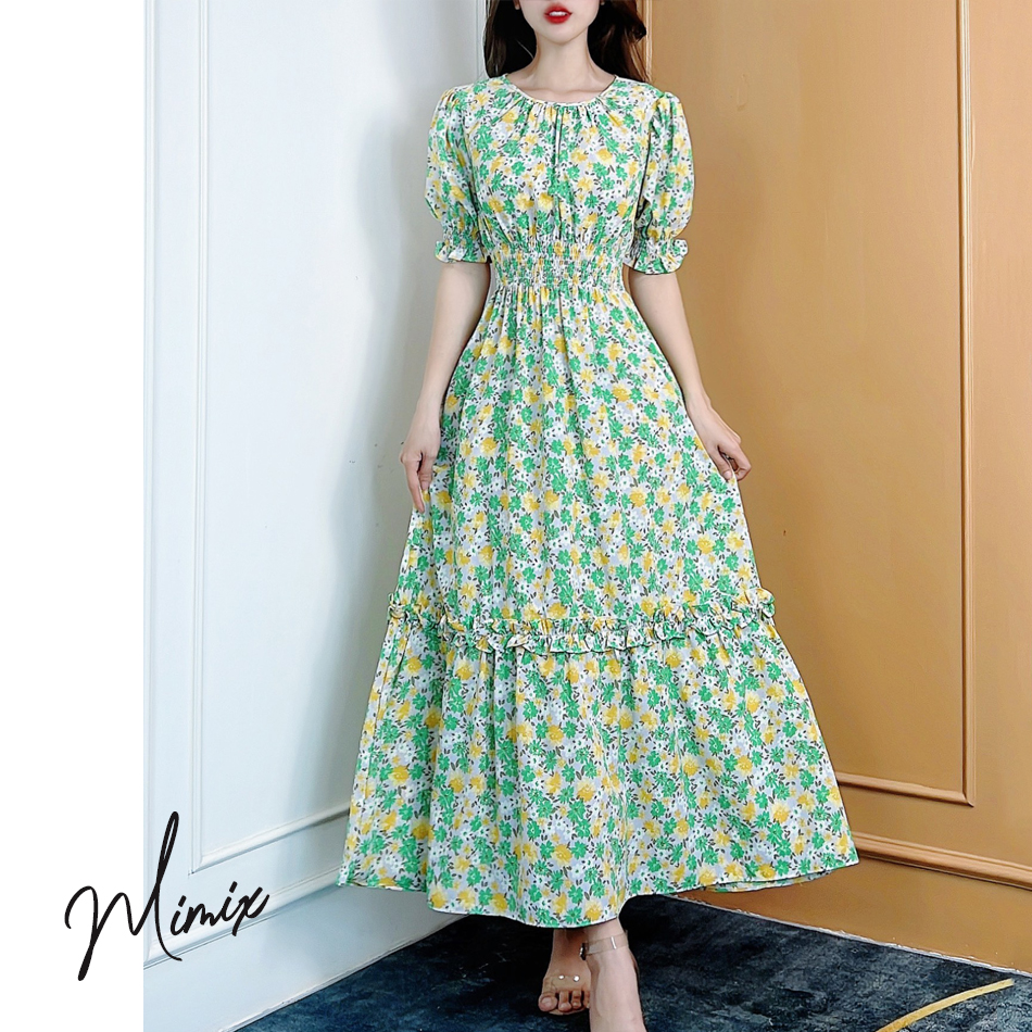 Đầm maxi hoa eo bo chun tay lửng MIMIX BJ6185