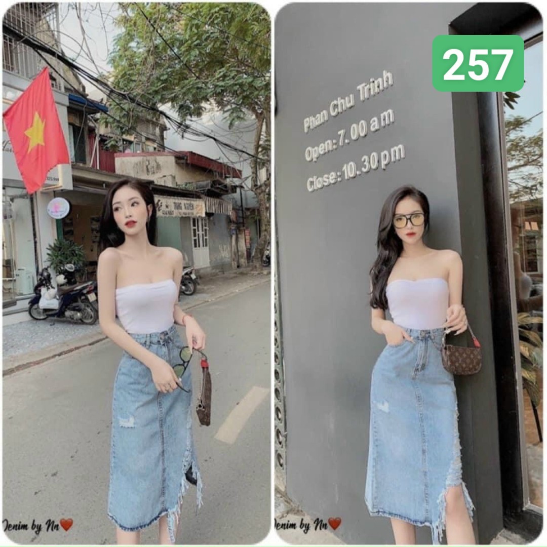 Chân váy bò nữ rách dáng dài