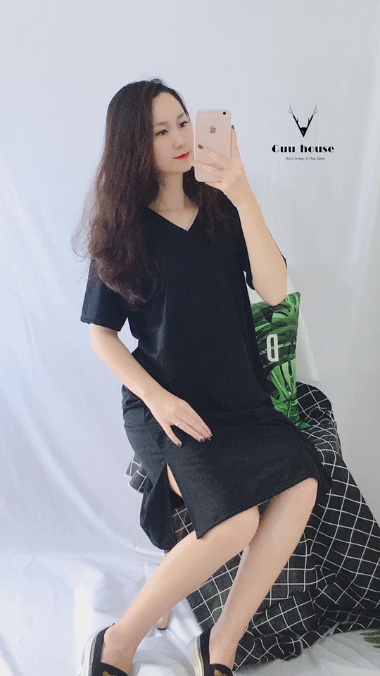 Đầm suông trơn cổ tim basic form rộng chất vải mềm mịn dưới 65kg