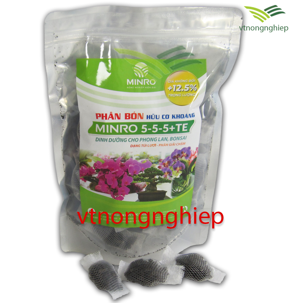 Phân bón hữu cơ khoáng Minro 5-5-5+TE, túi lưới phân giải chậm cho Hoa Lan, Bon sai