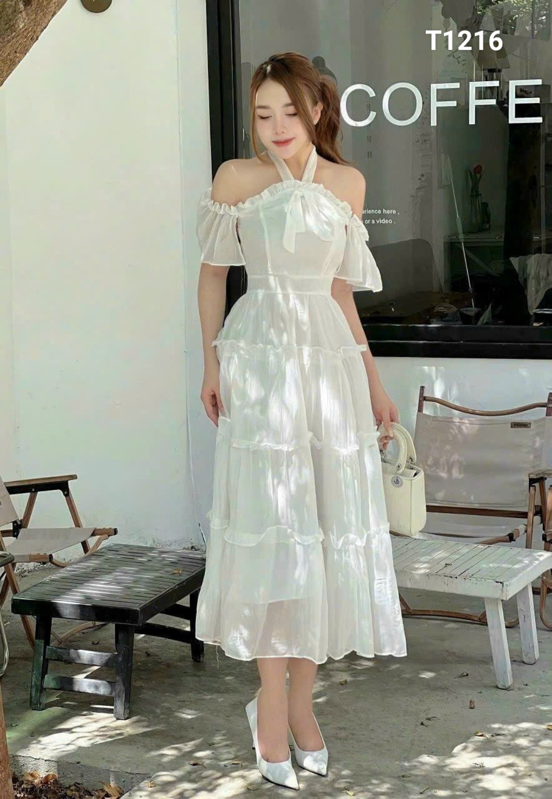 Đầm trễ vai tay bèo cột nơ cổ mocking phía sau có mút lụa 100d T1216