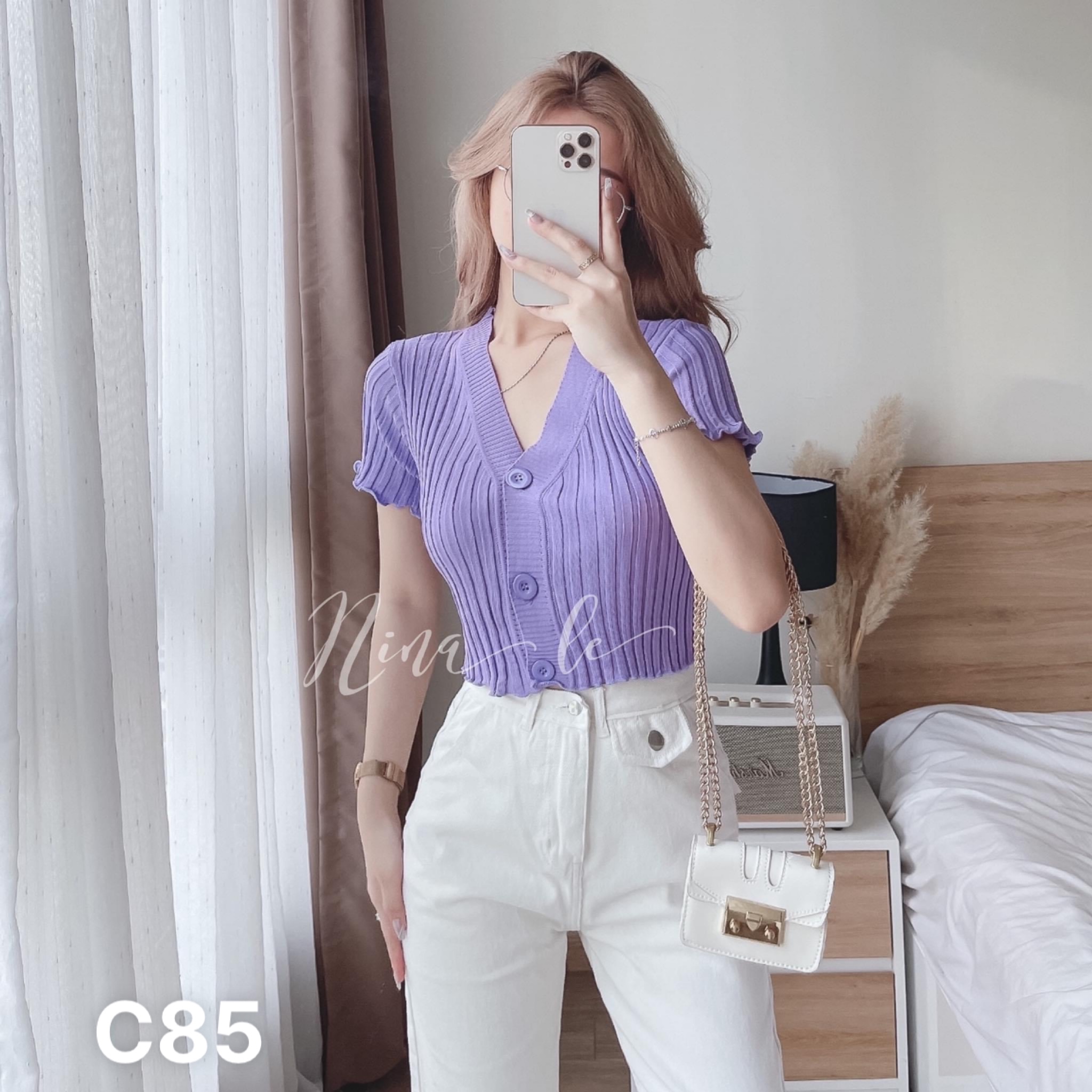 Áo thun gân nút phối túi cổ trụ nhiều màu C87