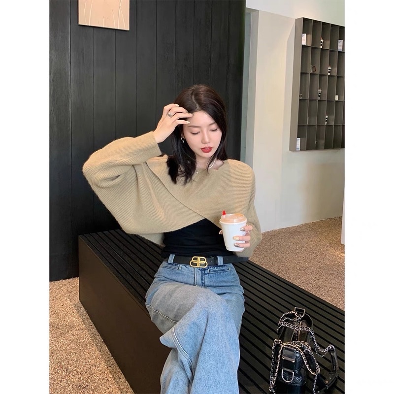 áo len vạt chéo dáng lửng croptop tay suông