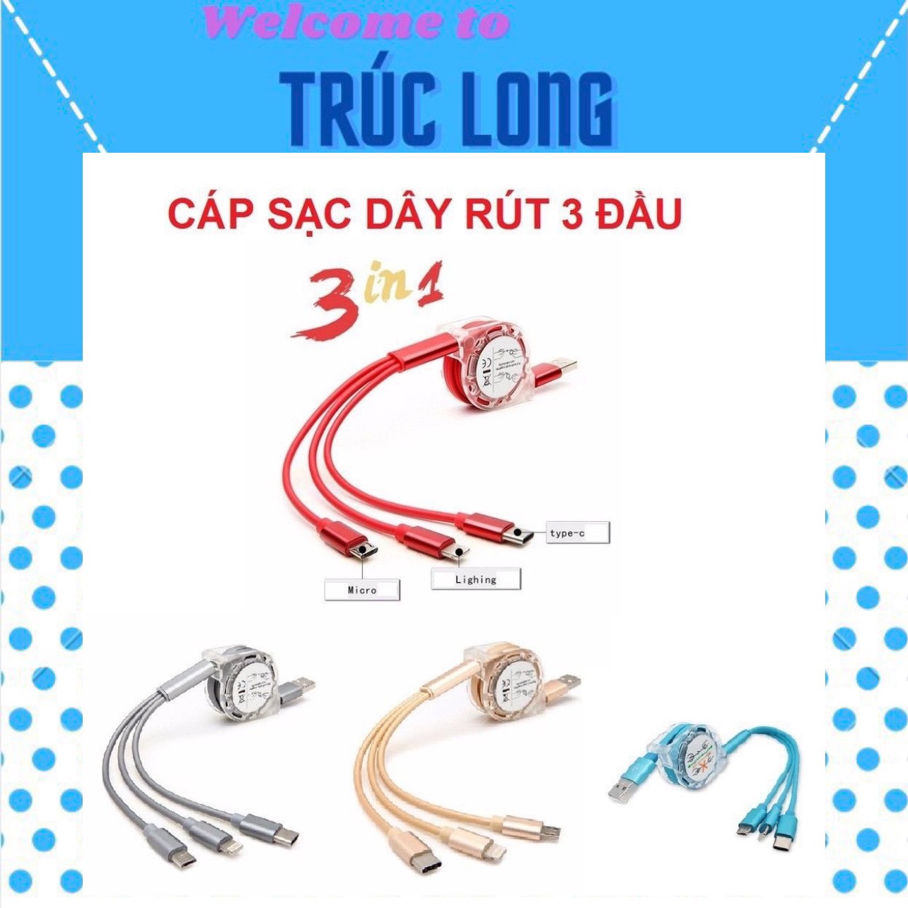 Cáp sạc rút gọn đa năng 3 đầu trái táo, micro usb, Type C