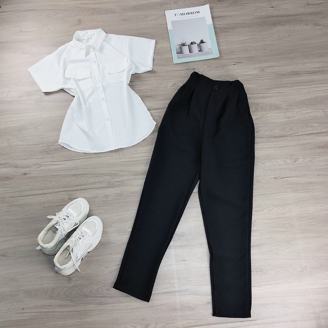 [HCM]Set đồ đi làm Áo sơ mi tay ngắn có túi và quần tây nhún eo đen đẹp cho nàng công sở, học sinh đi học