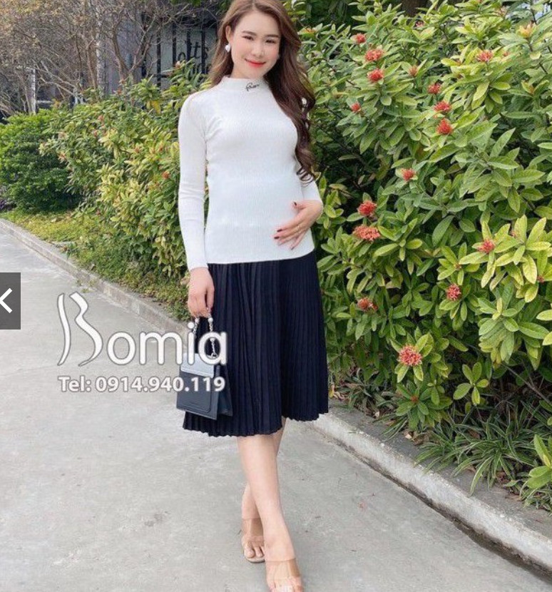 Chân váy bầu midi xếp ly lụa gân Thượng Hải - Đồ Bầu Xinh