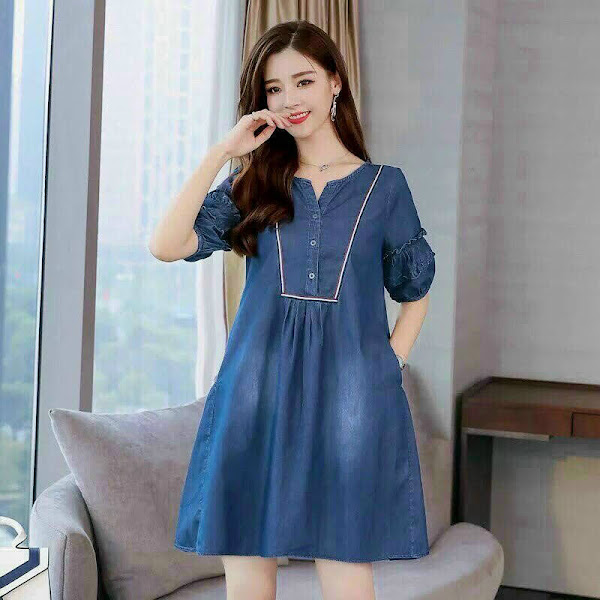 ĐẦM JEAN SUÔNG CỔ PHỐI VIỀN