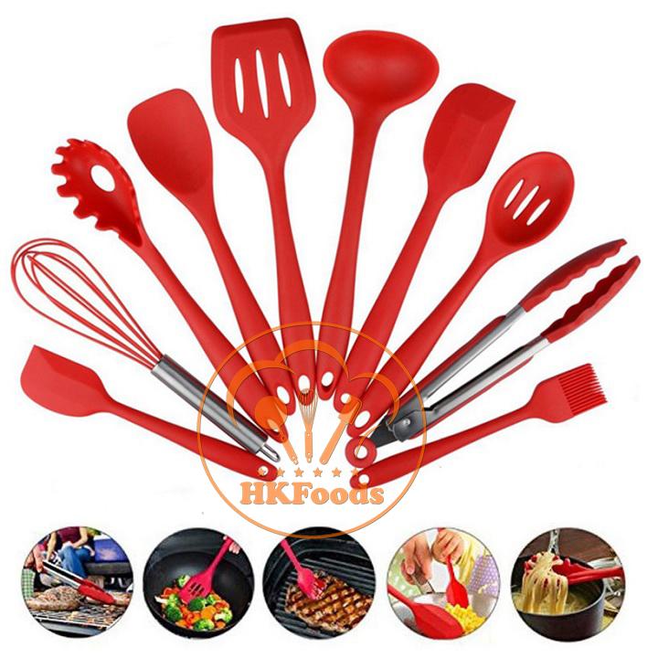 Bộ 10 chổi phới spatula dụng cụ nhà bếp silicon màu đỏ