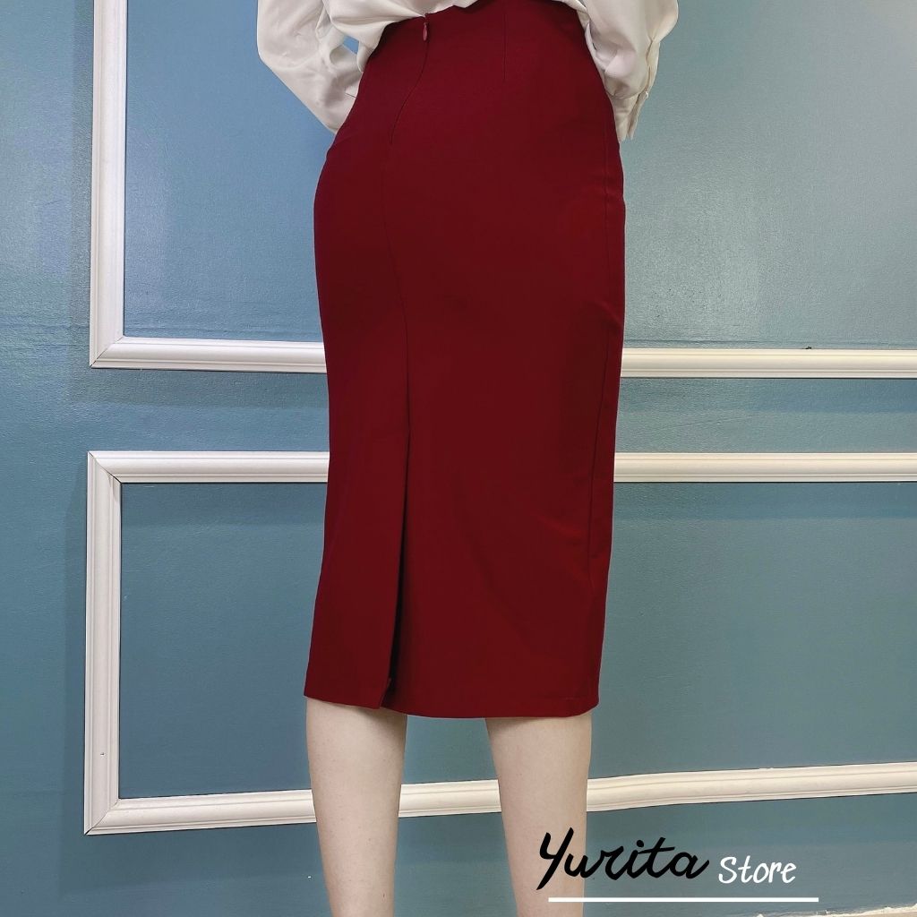 Chân Váy Bút Chì Màu Đỏ Dài qua gối