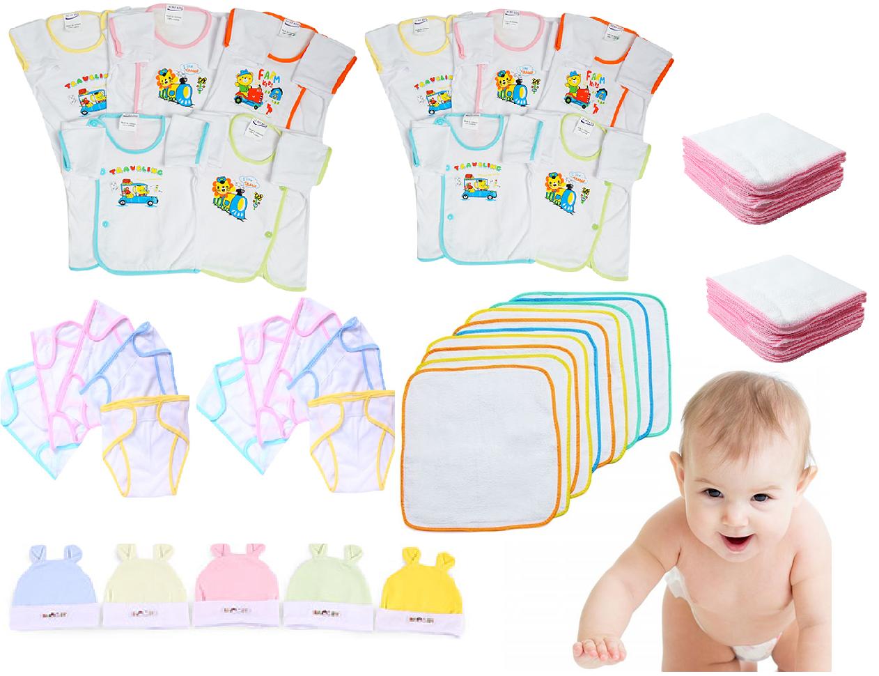 [tặng vòng dâu tằm ] combo 55 món sơ sinh cho bé( 10 áo viền nút bên dài tay + 10 tã dán + 10 tã lót + 5 nón + 20 khăn sữa)