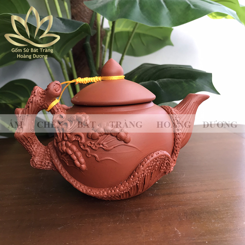 (Hàng nghệ nhân) Ấm pha trà Bát Tràng đất nung tử sa cây tùng 400ml màu đỏ