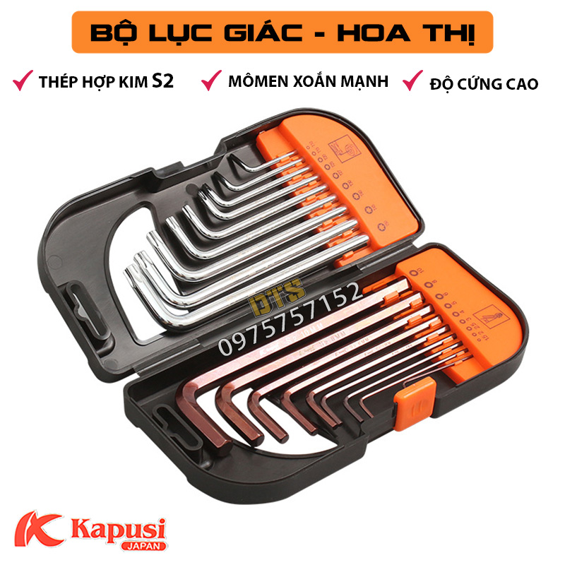 Bộ hộp 18 món lục giác bi và hoa thị có lỗ, lục giác bông Nhật Kapusi Japan, thép S2 cao cấp siêu cứng, chống ăn mòn và chịu lực tốt, phù hợp với nhiều bulong, ốc vít, Bộ lục lăng, Cây lục giác, Khóa lục giác, bộ lục giác hoa thị