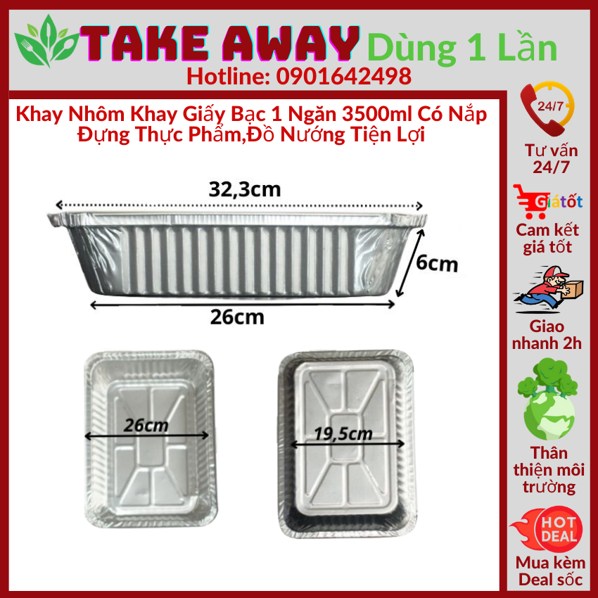 Combo 10-50 khay nhôm, khay giấy bạc 1 ngăn 3500ml có nắp, đựng thực phẩm, đồ nướng - takeaway dùng 1 lần