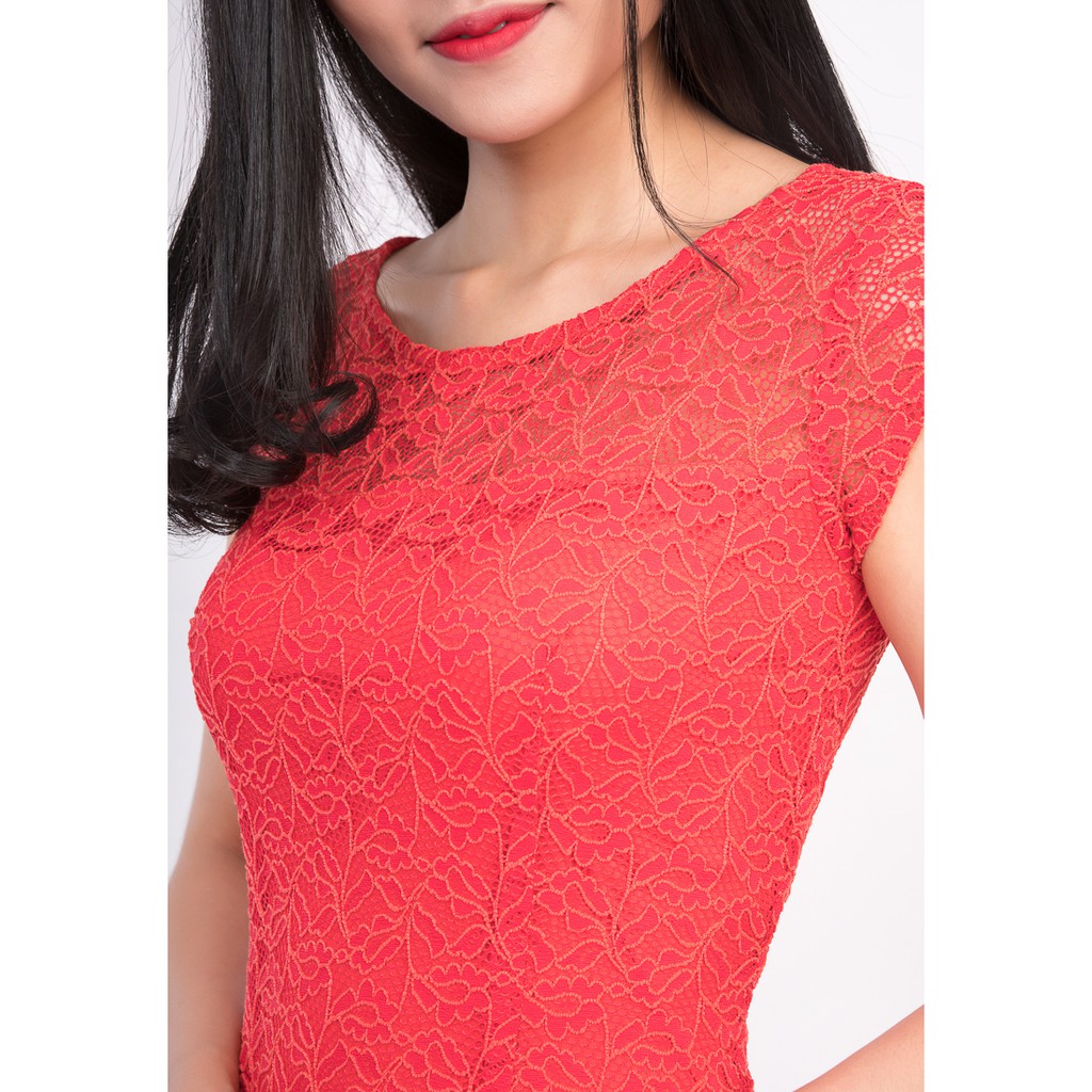 ZERASY - Đầm ren đuôi cá tay ngắn màu đỏ - 2018022