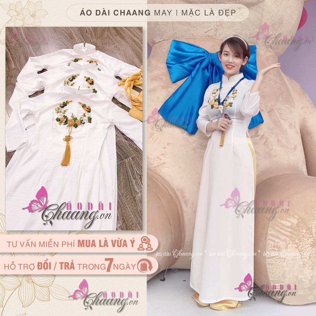 Áo dài đính hoa nổi CHAANG May sẵn áo truyền thống, đính ren ruy băng vàng đồng, vải áo lụa Tây Thi