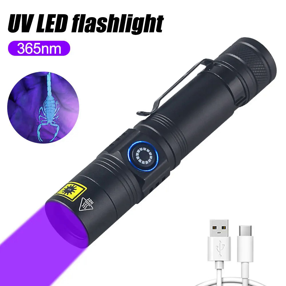 365nm UV LED Đèn pin tia cực tím Torch USB có thể sạc lại ánh sáng màu tím nước tiểu vết bẩn Detector Scorpion