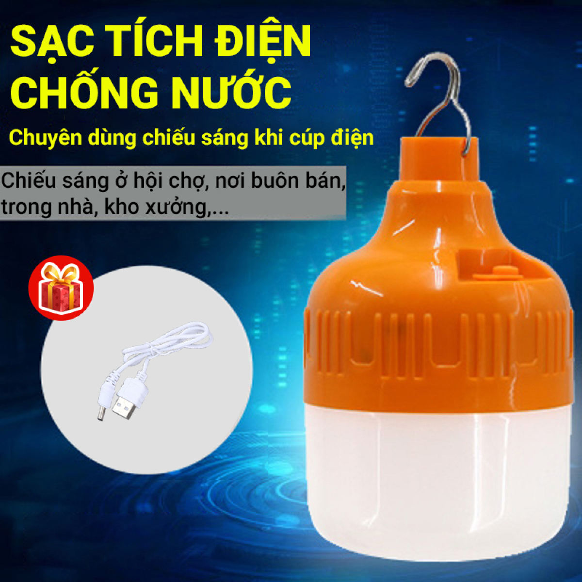 Bóng Đèn Tích Điện LED 30w và 100w CỰC SÁNG Có Sạc Ngoài 3 Chế Độ Sáng Thông Minh kèm móc treo cao cấp