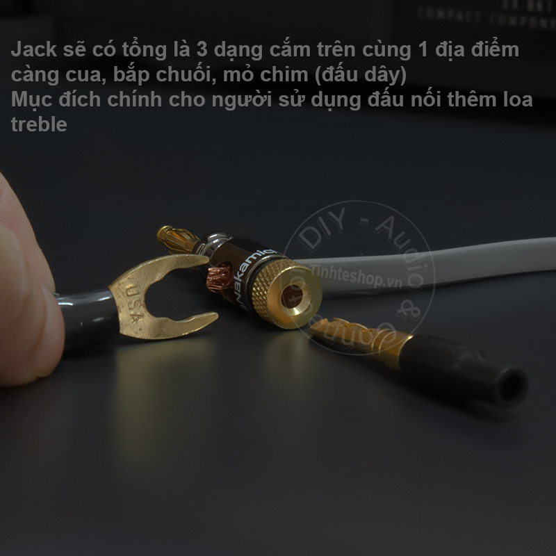 Jack đèn lồng bắp chuối 3 tác dụng 4 chiếc nhân đồng thau mạ vàng 24K - Cọc đấu nối thêm loa treble